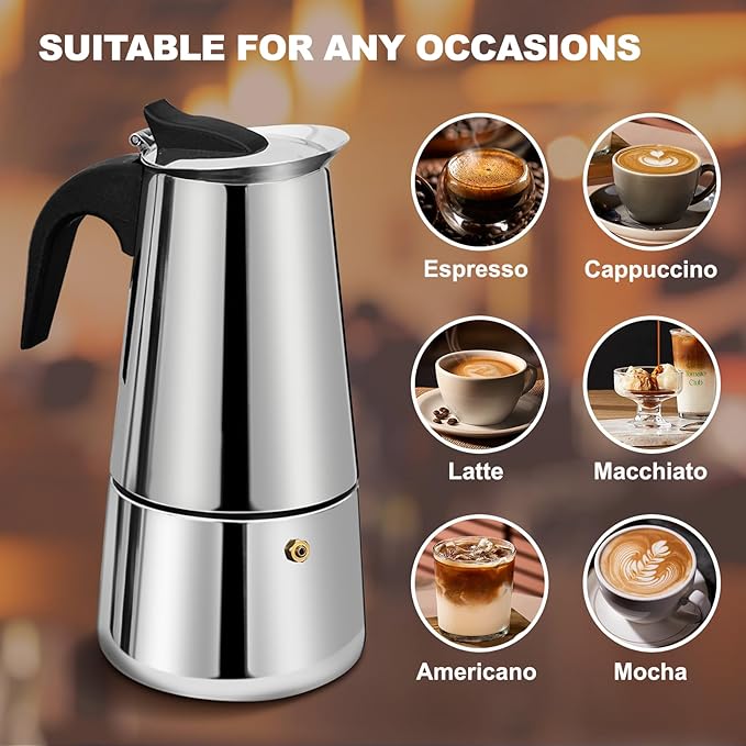 9 Cup Stovetop Espresso Maker Stainless Steel Moka Pot Stove Top Percolator Italian Coffee Makers Capable Mocha Greca Machine Cafe Classic Induction Cookers for Home and Camping 450ml 15oz