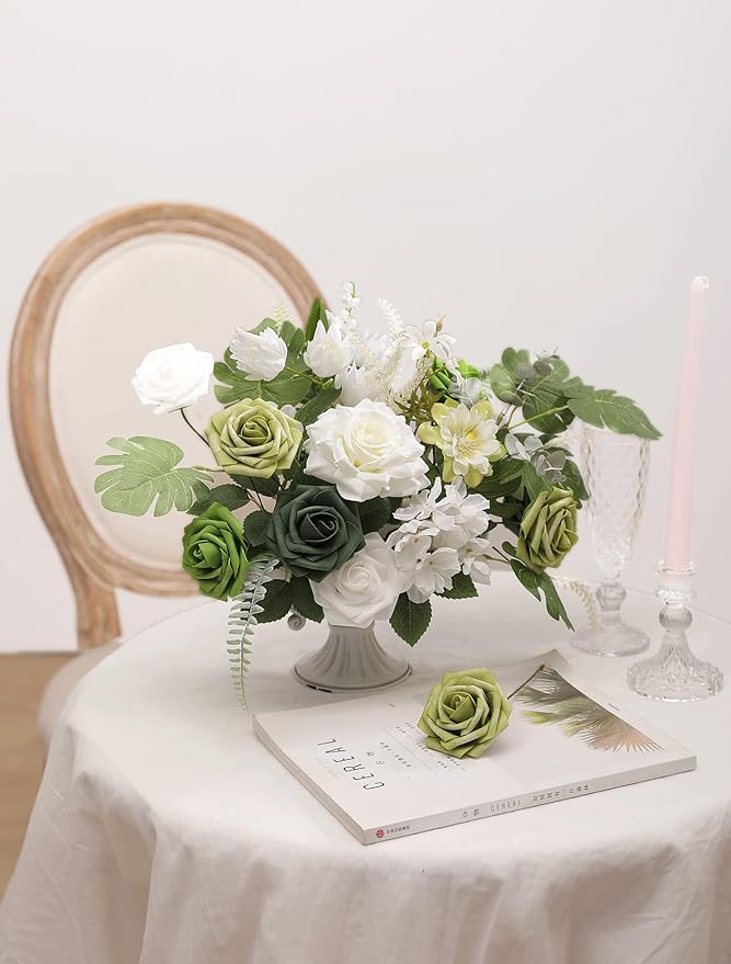 YYHUAWU Artificial Flowers Combo Box Set Forest Green Color Foam Fake Roses with Stems for DIY Wedding Bouquets Centerpieces Baby Shower Party Home Decorations