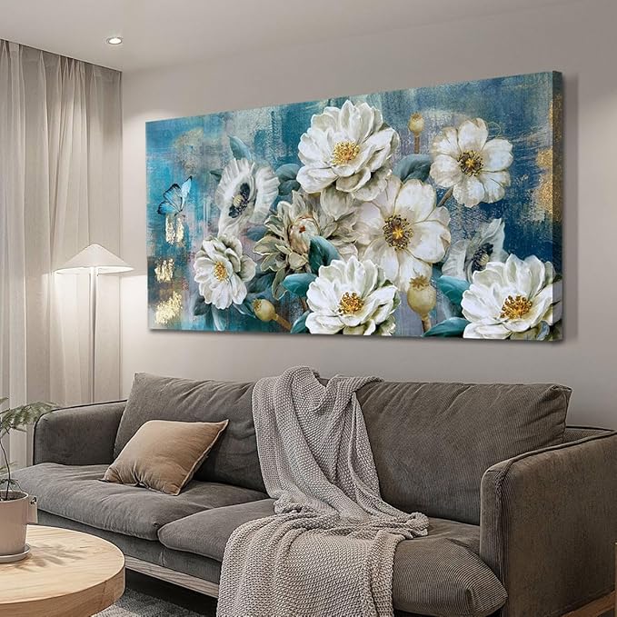 Arjun Flower Canvas Wall Art for Bedroom White Elegant Teal Picture, Textured Floral Magnolia Aesthetic Painting Living Room Wall Decor Turquoise Large Artwork Dining Room Home Office 40"x20"