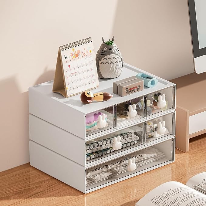 Marbrasse Desk Organizer with 6 Drawers, 3 Tier Stackable Storage Drawers Plastic Makeup Storage, Office Organizers and Storage, Desk Storage Box for Office, School, Home