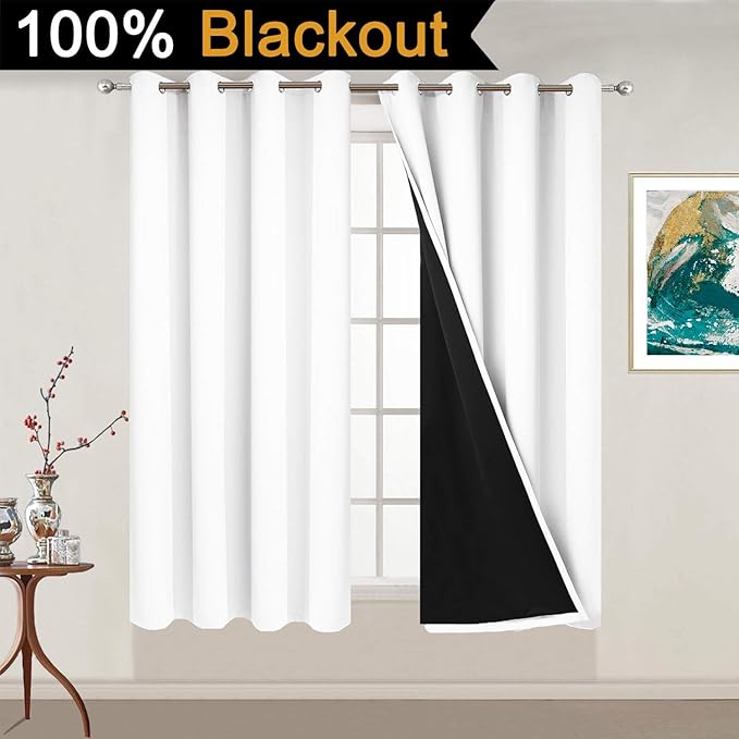 Yakamok Pure White 100% Blackout Curtains Energy Saving Thermal Insulated 2