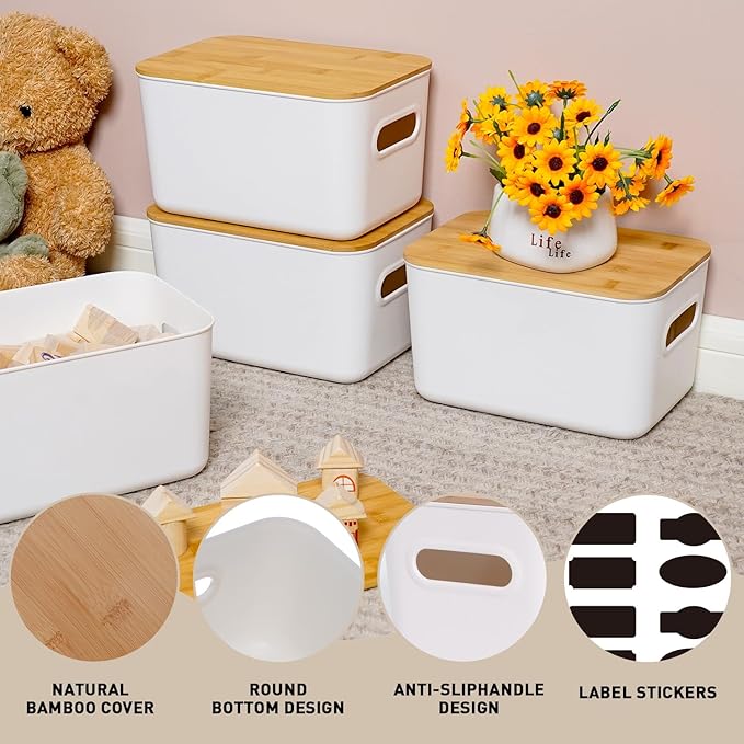 Citylife Storage Bins with Bamboo Lids 6QT Plastic Storage Containers Stackable Organizer Boxes with Handle for Desk Snacks, Toys, 2 PCS, 10"L x 7"W x 6.18"H
