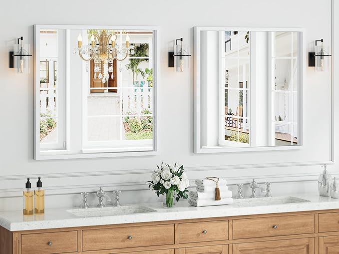 Syndra Square White Wood Frame Bathroom Mirror, Waterproof Slim Deep Frame
