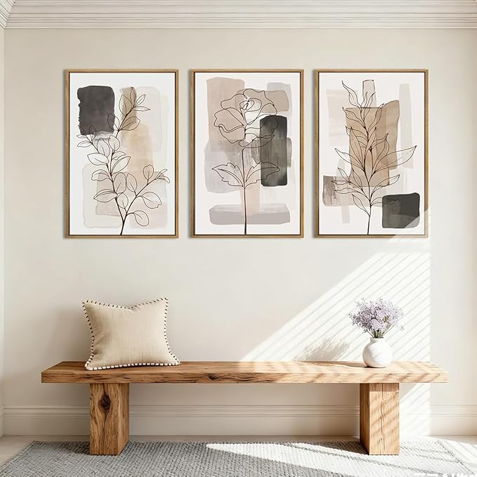 Anyzal Large Framed Neutral Floral Wall Art 16x24 Inch Tan Modern botanical Canvas Wall Decor Minimalist Black Flower Prints for Living room Bedroom Dining room Set of 3