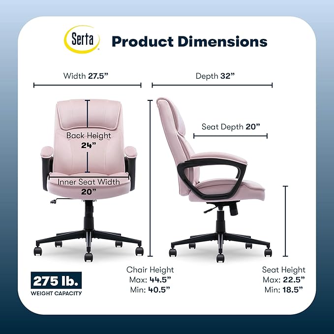 Serta Comfort Classic Executive Office Chair, Ergonomic Mid-Back Computer DeskChair with Lumbar Support, Semi-Plush Cushion and Body Pillows, Padded Armrests, Swivel Base, Pink Velvet Fabric