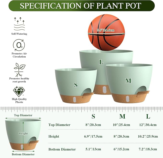 Self Watering Pots with Drainage Holes, 3 Pack 12/10/8 Inch Plant Pots with Water Level Indicator Deep Reservoir, Large Plastic Planter for Indoor Outdoor Plants - Green Brown