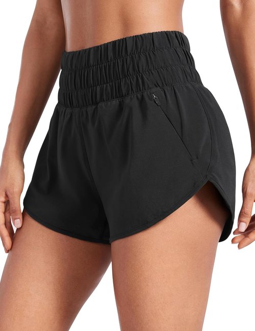 CRZ YOGA High Waisted Dolphin Running Shorts - Women's Athletic Gym Shorts with Zipper Pocket & Mesh Liner