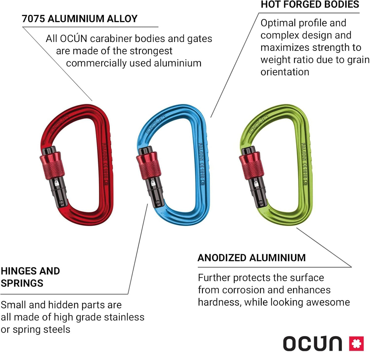 OCUN Falcon Carabiner with Screw Lock, 3-Pack for Rock Climbing