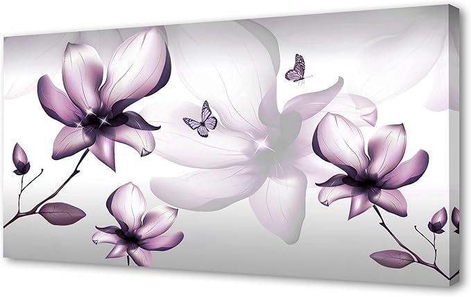Muolunna BK06562 Purple Magnolia with Butterfly Flower Canvas Wall Art Picture 1 Panel 3D Wallpaper Modern Art Prints Painting for Bedroom Modern Office Wall Decor Artwork