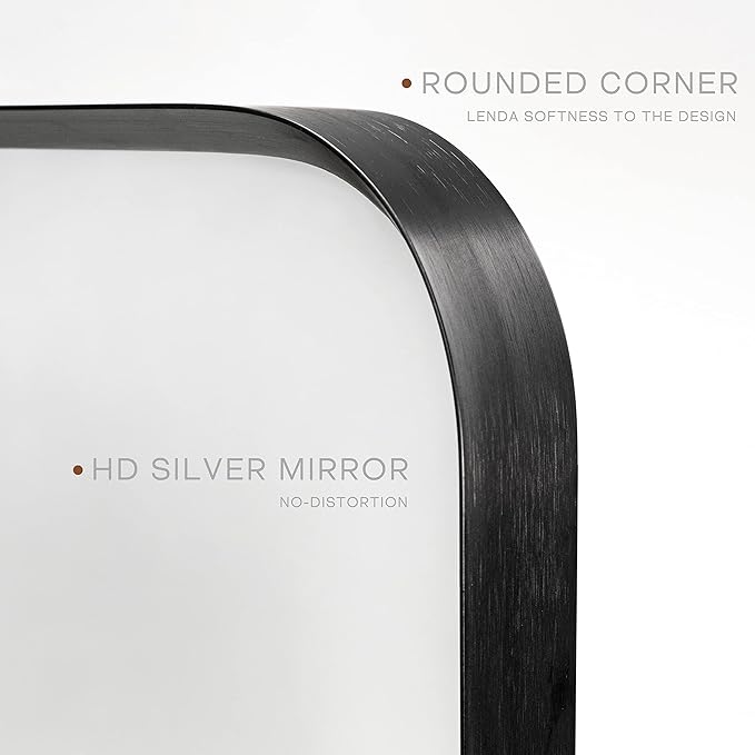Wall Mount Mirror for Bathroom, Brush Black Metal Framed Rounded Corner