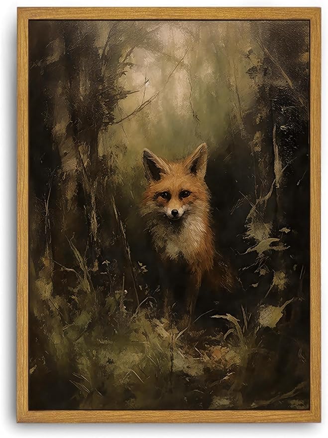 Djmwtb Vintage Framed Wall Art Fox Canvas Wall Art Forest Animal Art Prints Woodland Painting Pictures Wall Decor Artwork for Living Room Bedroom Bathroom Office 8x10in