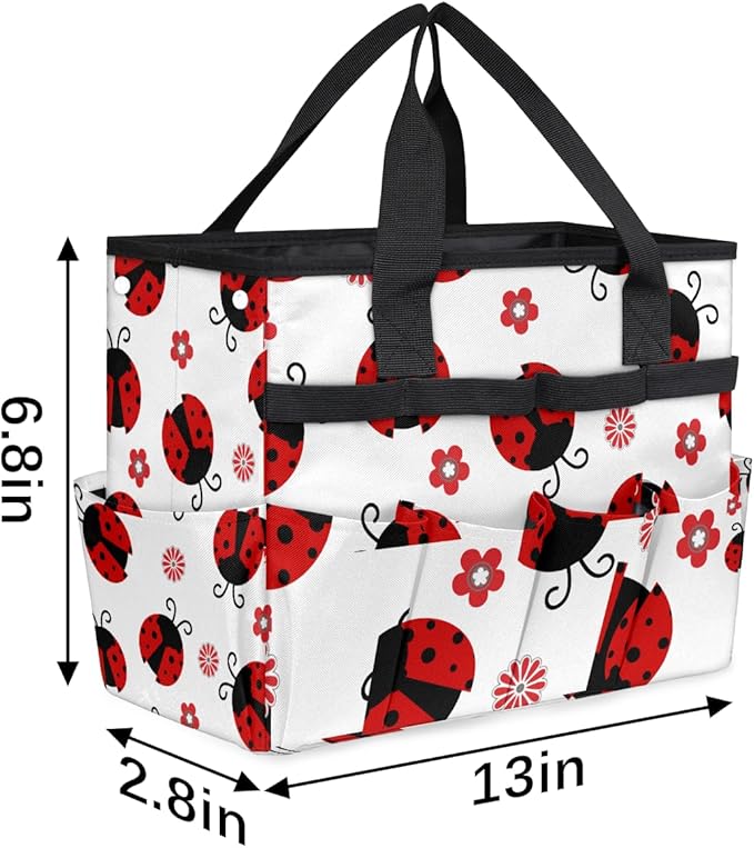 Ladybug Gardening Tool Bag,Heavy Duty Garden Tote Bag,Portable Oxford Flower Gardening Storage Basket Organizer Handbag with Pockets Handle,Hand Tools Gifts for Outdoor Garden Lawn Yard