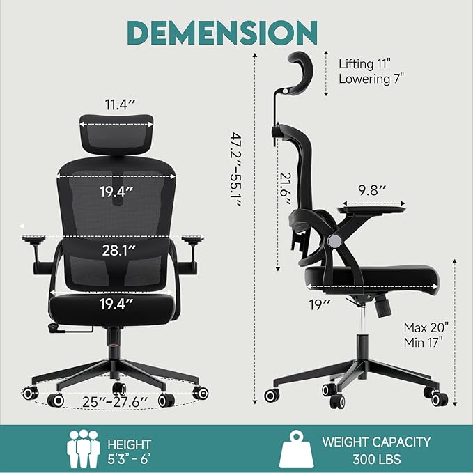 Monhey Ergonomic Office Chair, 90°-125° Tilt Back Home Desk Chair with 360° Swivel & Mute Wheels, High Back Mesh Computer Chair for Adults with Lumbar Support, 330 LBS Capacity(05Black)