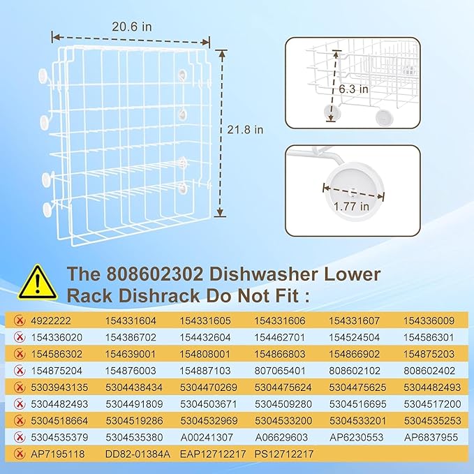 UPGRADED 808602302 5304535768 Dishwasher Lower Rack Replacement Compatible with Frigidaire,Kenmore Dishwasher Rack Parts with 154174501 Wheels Replace 154432602 154432601 154319706 Dishwasher Racks