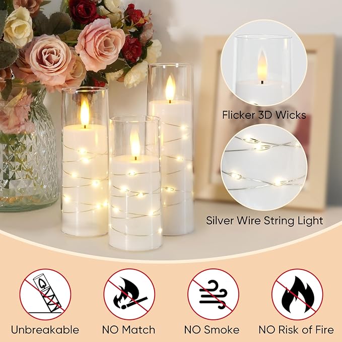Raycare Flameless Candle with Remote Timer – 9 Flickering Acrylic Battery Operated LED Pillar Candles with Embedded Star String for Christmas, Home Decor, and as a Gift (White)