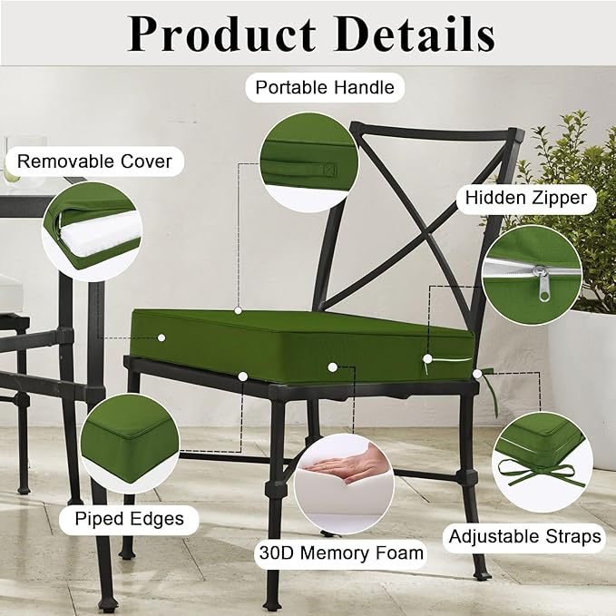 Outdoor Chair Cushions 19x19x4 Inch, Waterproof Green Patio Furniture Cushions Set of 2 with Ties & Handle, 3 Year Color Fastness Square Replacement Seat Cushions for Sofa, Couch