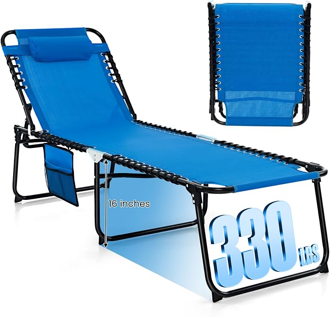 GYMAX Lounge Chairs for Outside, Extra High Folding Beach Tanning Lounger with Adjustable Backrest, Footrest & Removable Pillow, Sunbathing Lounge for Patio, Poolside (1, Navy with Pocket)