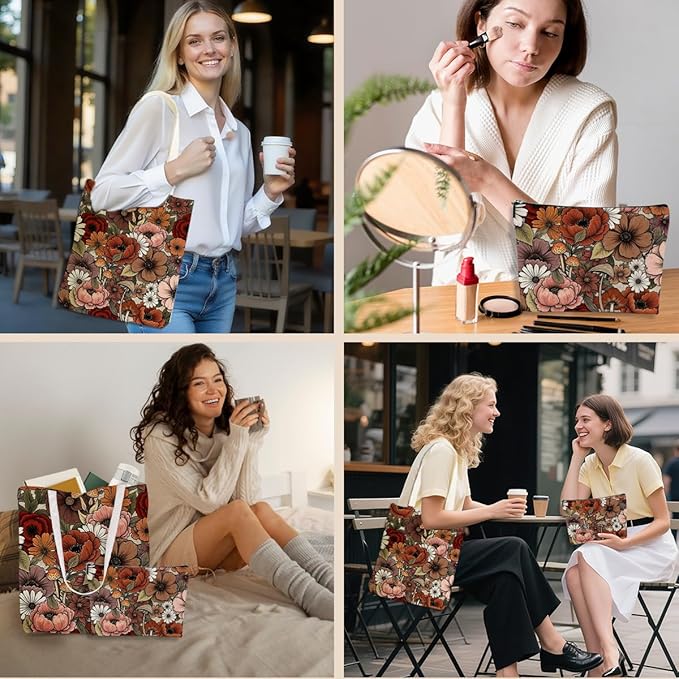 Flower Plant Lover Gifts for Women Canvas Tote Bag with Makeup Bag Cosmetic Bags Grocery Bags for Shopping Christmas
