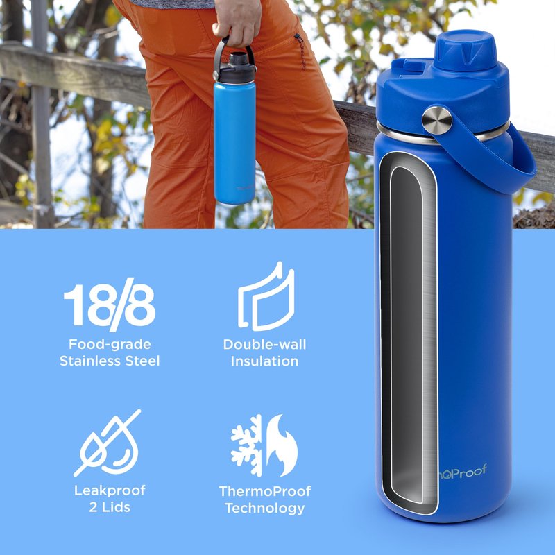 ThermoProof Double-Walled Vacuum Insulated Stainless Steel Water Bottle - Wide Mouth with Chug & Spout Lids, Dishwasher Safe, Reusable, Leakproof, Hot & Cold for Men, Women & Kids - 22oz, Blue