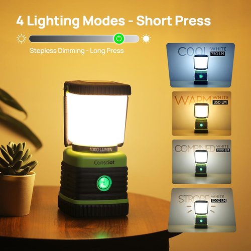 Consciot LED Camping Lantern - 1000LM Rechargeable Lights with 4 Modes & Power Bank | IPX4 Waterproof, 2 Pack