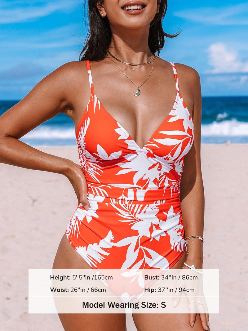 CUPSHE Women's One Piece Swimsuit Bathing Suit V Neck Ruched Tropical Swimwear Adjustable Strap M