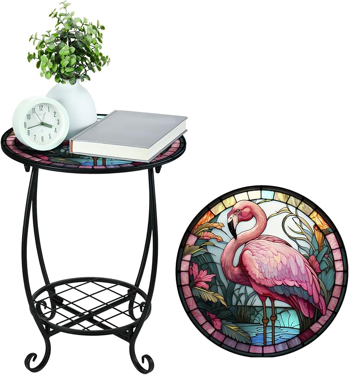 Cinnvoice Outdoor Side Table Round Small Mosaic Patio Accent Indoor End Plant Coffee Tea Table for Yard Patio Porch Garden Living Room, Bedroom(Flamingo Style,12 Inch)