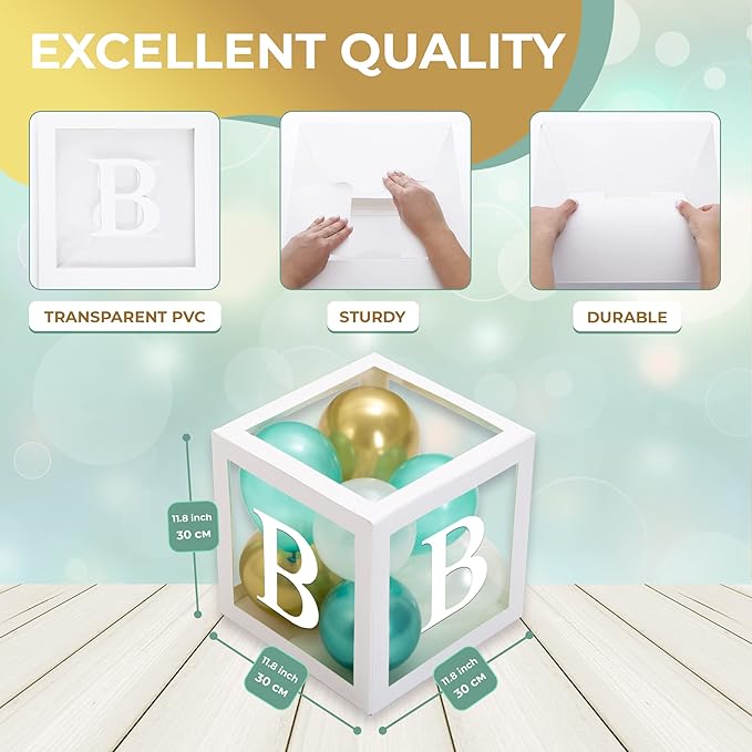 Baby Shower Boxes with Letters – White Boxes with Green, Gold & White Balloons – 44-Piece Gender Reveal & Party Decoration Set by Vellax