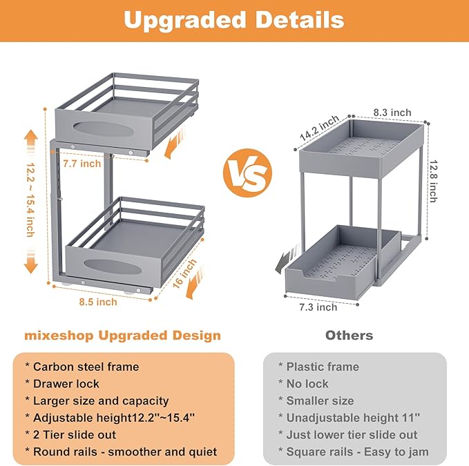Under Sink Organizer, 2 Tier Under Sink Organizers and Storage, Adjustable Height, Slide out Metal Cabinet Organizers, Pull out Cabinet Storage Drawer Shelf for Kitchen Bathroom Gray 1Pack