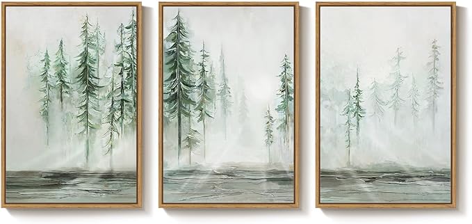 Framed Green Abstract Landscape Wall Art for Living Room, Large 3 Piece Neutral Forest Tree Canvas Artwork for Walls, Modern Wall Art Decor Nordic Painting Picture Prints for Hallway Office 24x36 Inch