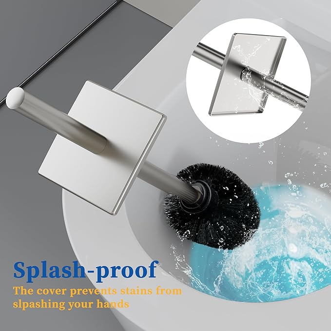 RUACQ Toilet Brush and Holder Set 2pcs,Square Toilet Bowl Brush for Bathroom with 304 Stainless Steel Handle Toilet Cleaner Brush with Durable Scrubbing Bristles,Splash-Proof (Brushed Nickel)