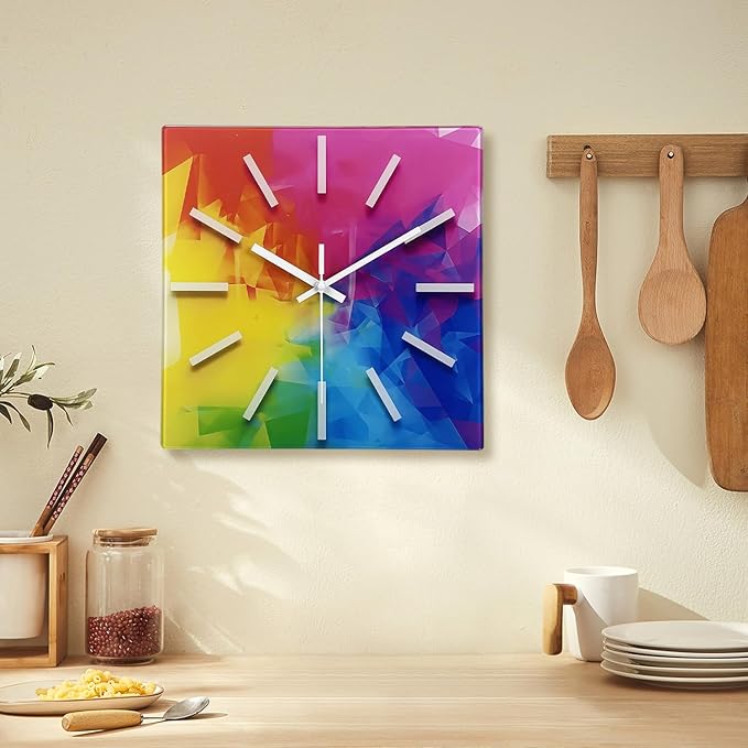 Square Glass Wall Clock Silent Analog Wall Clocks Battery Operated 14 Inch