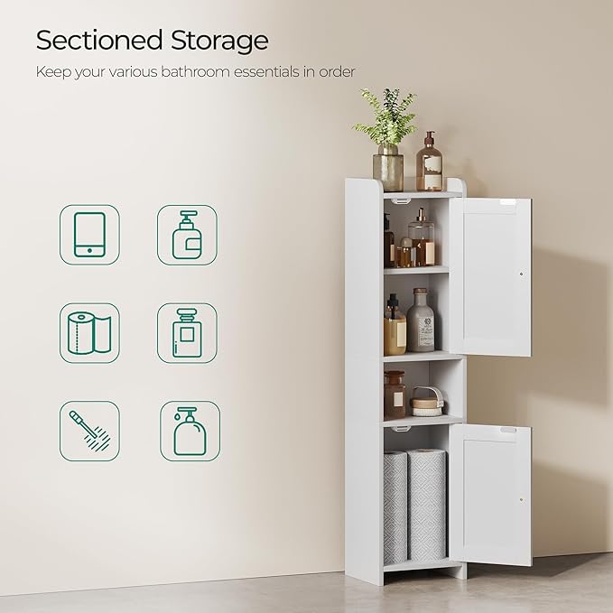 Bathroom Cabinet with 2 Doors, 7.3 x 9.8 x 40.4 Inches, Small Freestanding Storage Cabinet with Adjustable Shelf, Floor Cabinet for Small Spaces, Bathroom, Entrances, Kitchen, White
