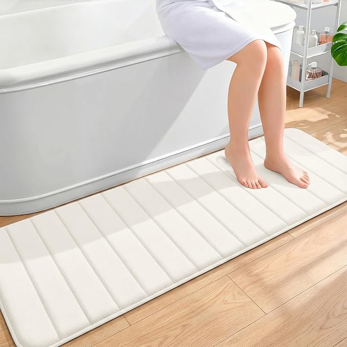 OLANLY Memory Foam Long Bathroom Rugs Runner 59x20, Super Soft Absorbent Bath Mat, Quick Dry, Machine Washable Shower Floor Rugs, Bathmat Carpet, Bathroom Home Decor Accessories, Ivory
