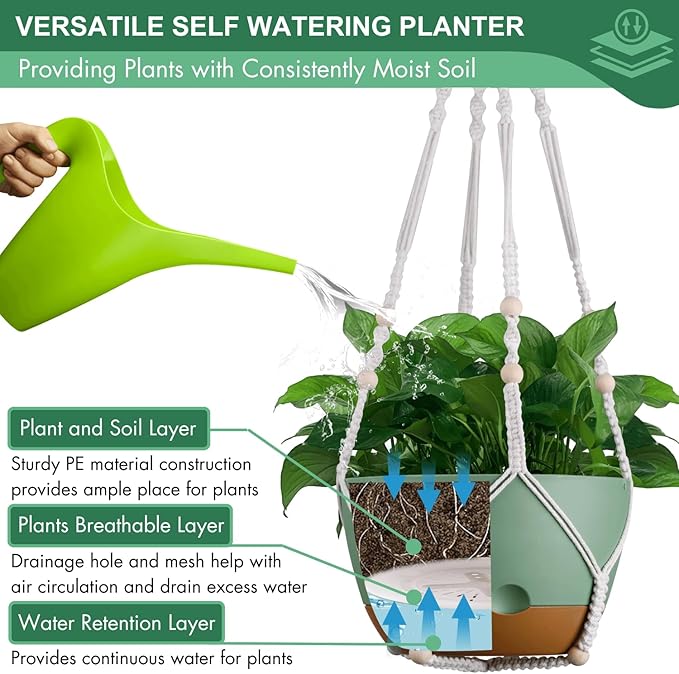 Set of 2-8 Inch Hanging Planters for Indoor Plants with Self-Watering Includes Hanging Pots for Plants, Outdoor Hanging Plant Pot with Drainage, and 2 Types of Hanging Baskets Hangers (Green)