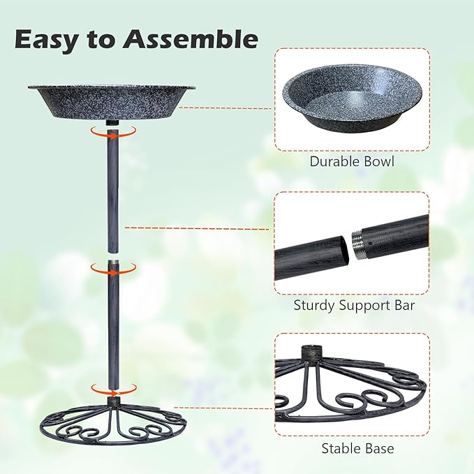 Outdoor Garden Bird Bath, 25.5 inch Height Bird Feeder, Metal Birdbath with Dragonfly for Garden Yard Patio Lawn Decoration, Gray