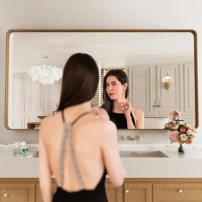 LOAAO 72X36 Inch Bathroom Mirror with Wood Grain Colored Metal Frame, Rounded Rectangle Metal Framed Bathroom Mirror, Anti-Rust, Hangs Horizontally or Vertically, Tempered Glass