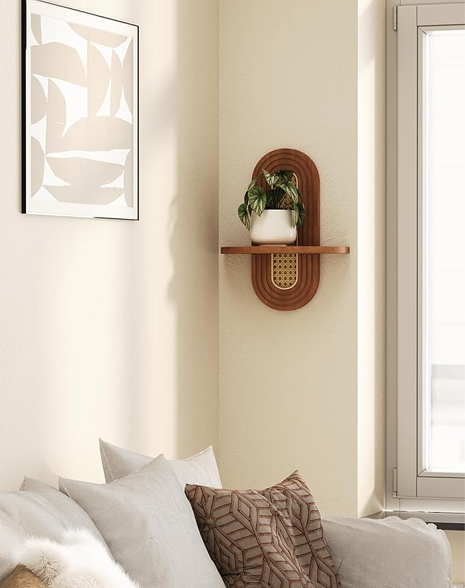 Floating Shelves for Wall, Boho Home Wall Decor, Rattan Plant Shelf Set of 2