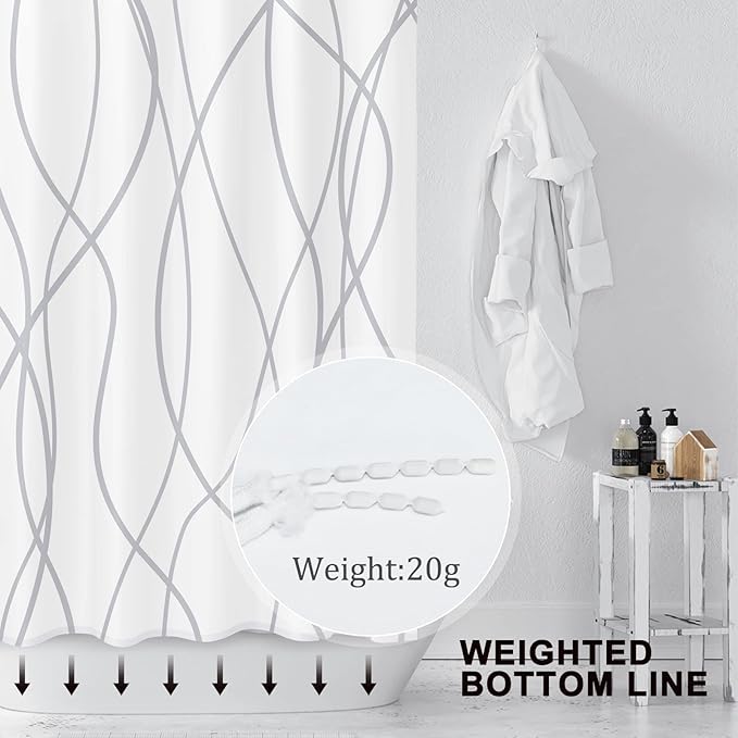 Punkray Grey and White Striped Polyester Shower Curtain for Bathroom with Hooks, Curtains 72 Inches Long, Weighted Hem, Waterproof Bath Accessories Hotel Style - Machine Washable