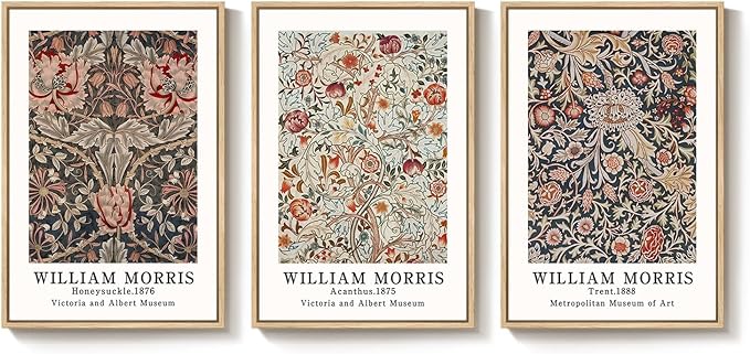Framed William Morris Canvas Wall Art Set of 3, Vintage Boho Floral Paintings