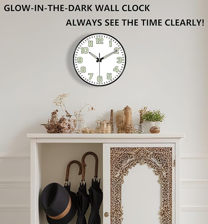 12 Inch Silent Wall Clocks Battery Operated, Glow in The Dark Wall Clock