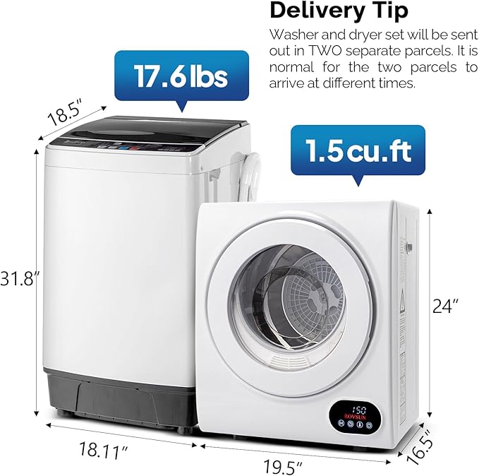 ROVSUN 17.6LBS Full Automatic Washing Machine and 1.5CuFt Portable Clothes Dryer Set, Compact Laundry Washer and Dryer Combo Set with Stainless Steel Inner Tub, for Apartment, Dorms, Home