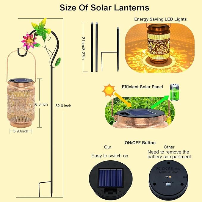 Gifts for Mothers Day Mom, Mom Gift Solar Lanterns Outdoor, Birthday Gift from Daughter Son, Metal Solar Hanging Hummingbird Lights with Shepherd Hook for Outside Garden Yard Patio Pathway (2 Pack)