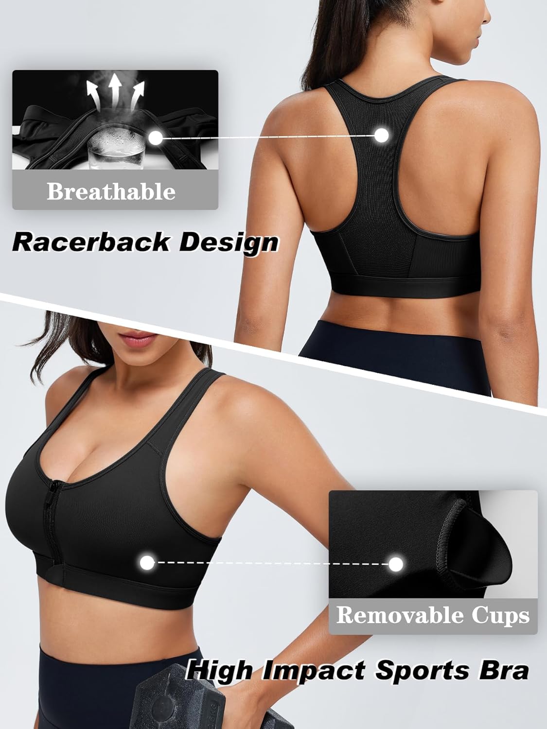Skiennix High Impact Sports Bra - Zip Front Closure for Women | Post-Surgery Racerback Design