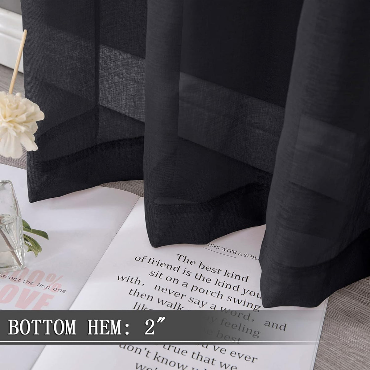 Tollpiz Short Sheer Tier Curtains Linen Textured Half Kitchen Curtain Sheers Light Filtering Rod Pocket Voile Small Curtain for Bathroom, 25 x 24 inches Long, Black, Set of 2 Panels