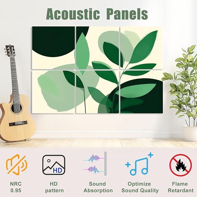 6 Pack Art Acoustic Panels Sound Absorbing Boho Botanical Leaf Orange Green