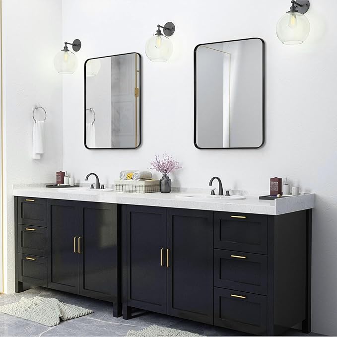 Wall Mount Mirror for Bathroom, Brushed Black Metal Framed Rounded Corner