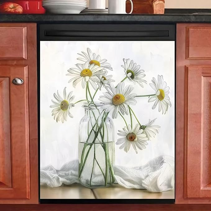 Generic Blooming Daisies Dishwasher Magnet Cover, White Flowers Magnetic Sticker for Fridge Washing Machine Cabinets, Country Floral Dishwasher Door Panel Decal Kitchen Decorative, Reusable, 23Wx26H