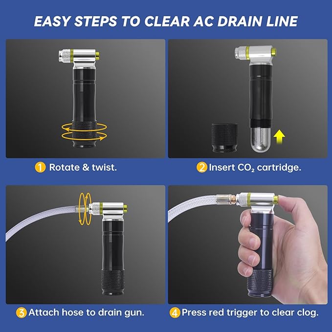 Upgraded Drain Device, AC Drain Line Cleaner Device, AC Drains Line Unclogger Tool, with 6 Unthreaded CO2 Cartridges, with a Flexible Hose to Clear All HVAC Clogs,20 Gram Unthreaded CO2