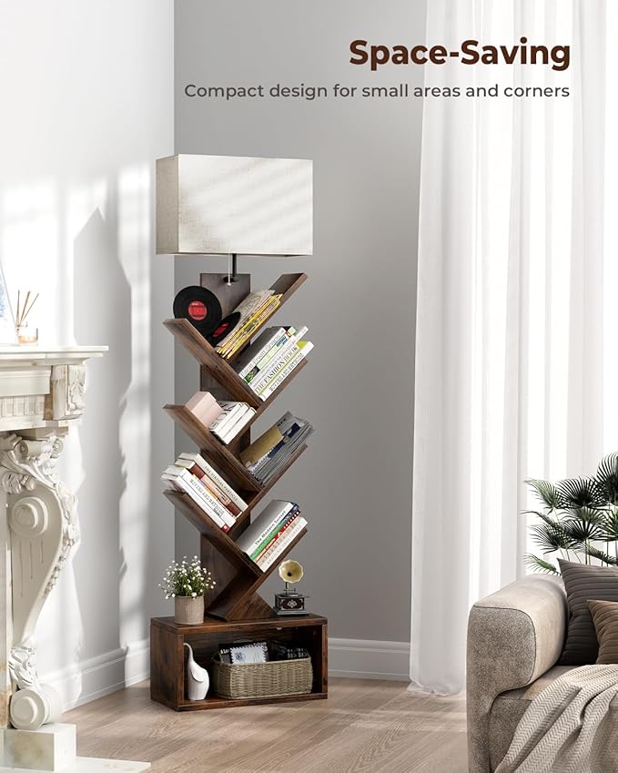 Evermagin 6 Tier Tree Bookshelf with Light, Narrow Bookcase Tower, Tall Floor Standing Book Organizer with Storage Cabinet for Living Room, Bedroom and Home Office, Rustic Brown