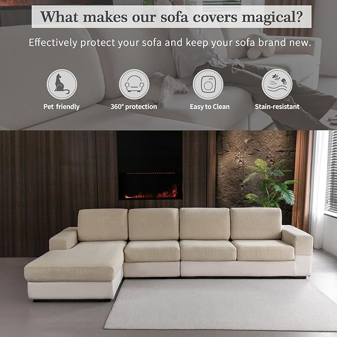 OHSIO Sectional Couch Covers, Wear Resistant Stretch Sofa Covers Washable Soft Couch Cushion Covers Anti Slip Furniture Protector Sofa Slipcovers for Pets (2 Pieces 2 Seaters Cover, Light Brown)